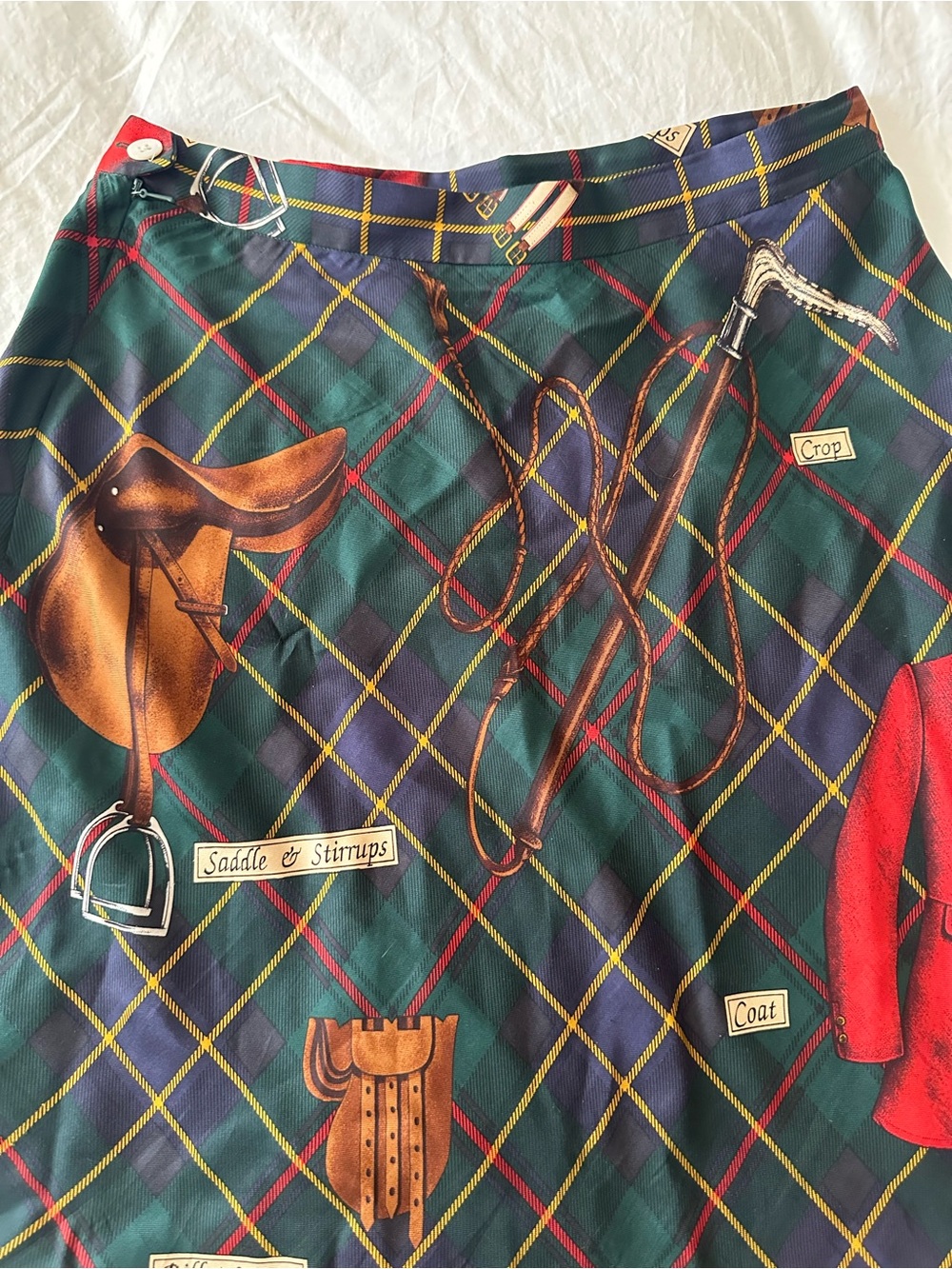 RARE 90’s Vintage Ralph Lauren Green Plaid Equestrian-Print Silk A-Line Skirt - Picture 7 of 8